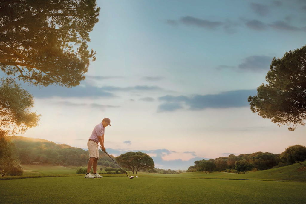 The next image captures a golfer playing during sunset, highlighting the scenic beauty and leisure activities available within Sotogrande Real Estate.