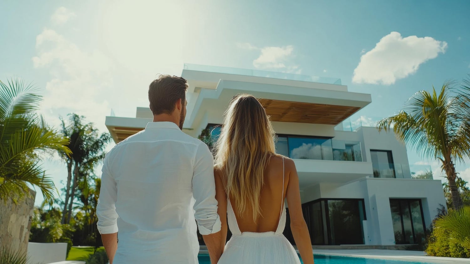 Couple standing hand in hand while looking at a modern luxury villa with pool and palm trees, showcasing a premium property in Sotogrande for sale.