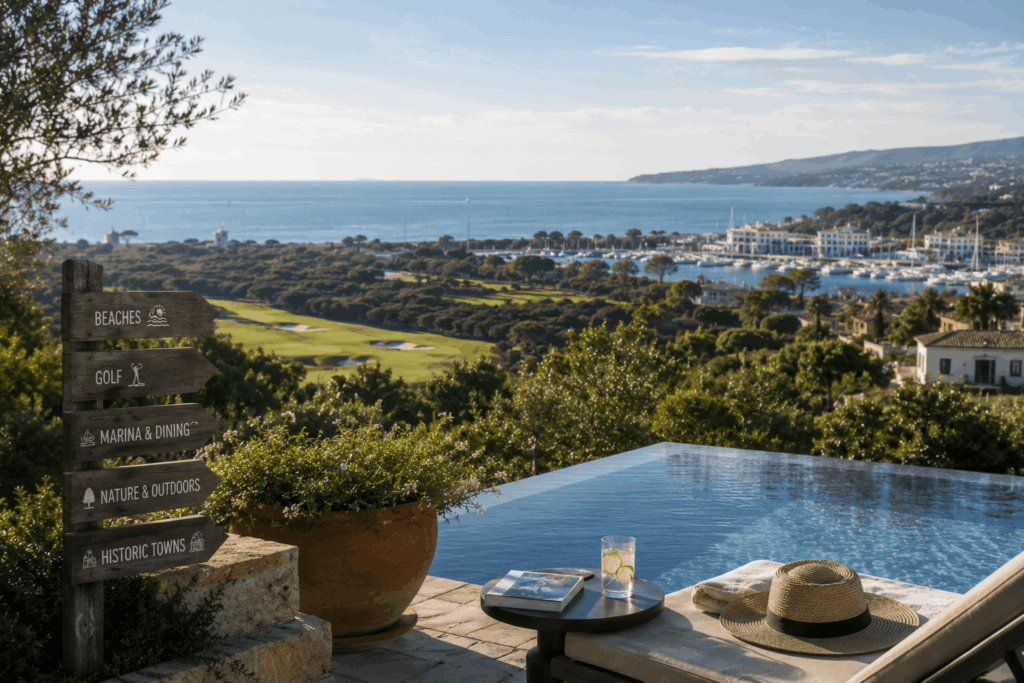 Panoramic view overlooking La Reserva Sotogrande with a luxury villa pool, golf course, marina, and Mediterranean coastline, showcasing the area's exclusive lifestyle.